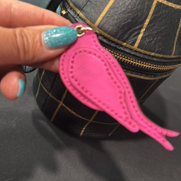 KATE SPADE Jade Drive Bird Cage Black Leather Wristlet Pink Bird Charm RARE. - Picture 9 of 12